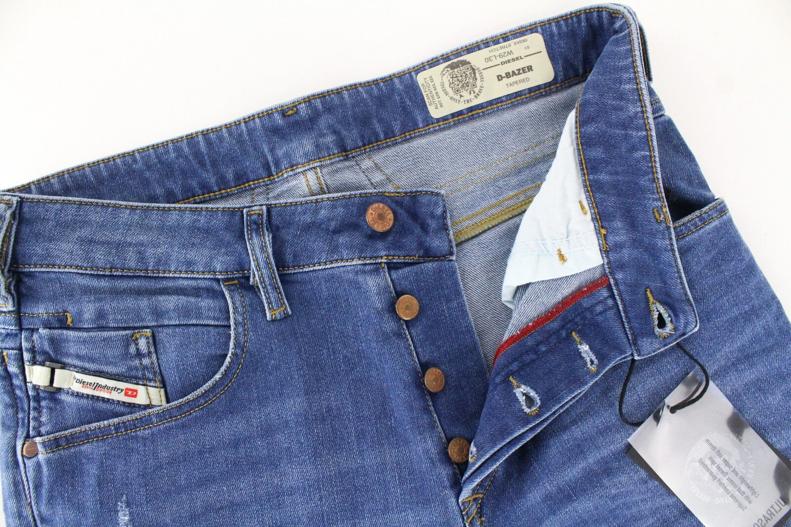 DIESEL D-Bazer 083AX vyriški džinsai W29/L30 mėlyni, dirbtinės odos, tamprios medvilnės smailėjančios kelnės 