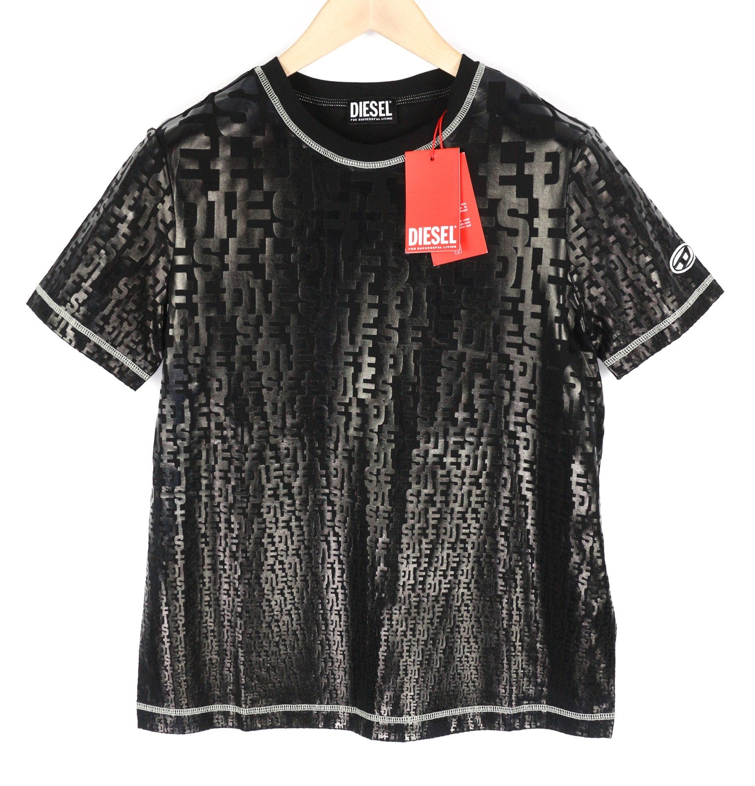 DIESEL T-Reg-Mon moteriški marškinėliai M, juodi, trumpomis rankovėmis, apvalia apykakle, blizgūs, rekomenduojama kaina 125 € 