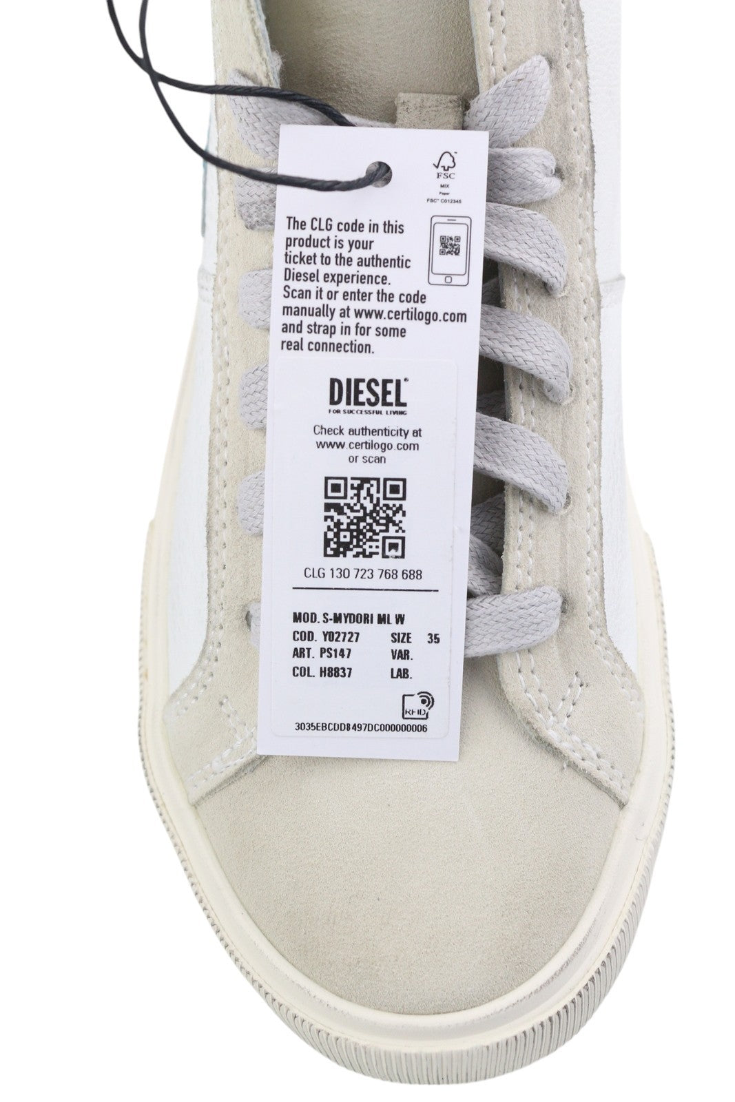 DIESEL S-Mydori ML W moteriški sportbačiai, balti, odiniai, vidutinio ūgio, su raišteliais, 35 dydžio. RRP220.