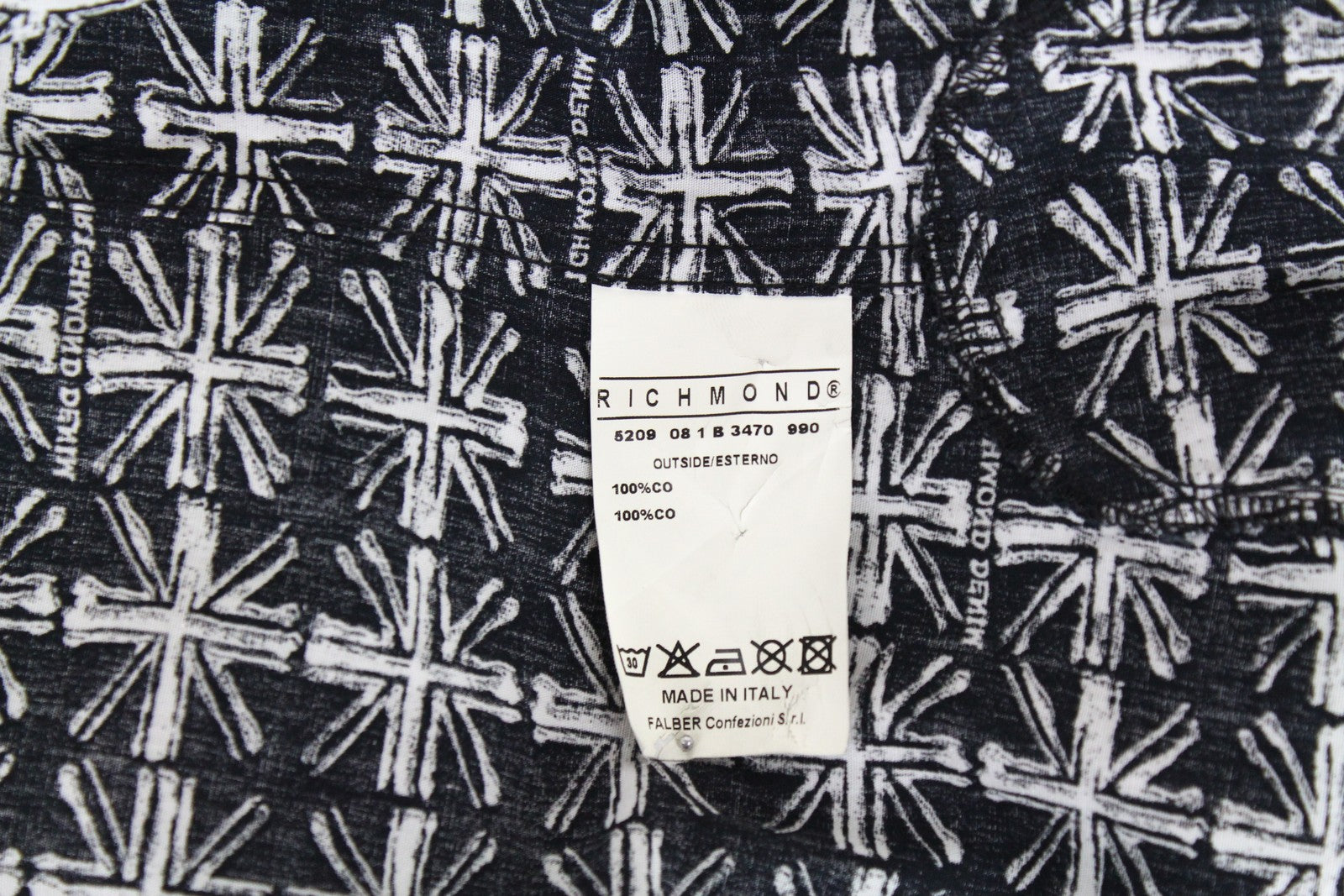 RICHMOND Men's T-Shirt L Black Pure Cotton Logo Patterns Short Sleeve Button-Up