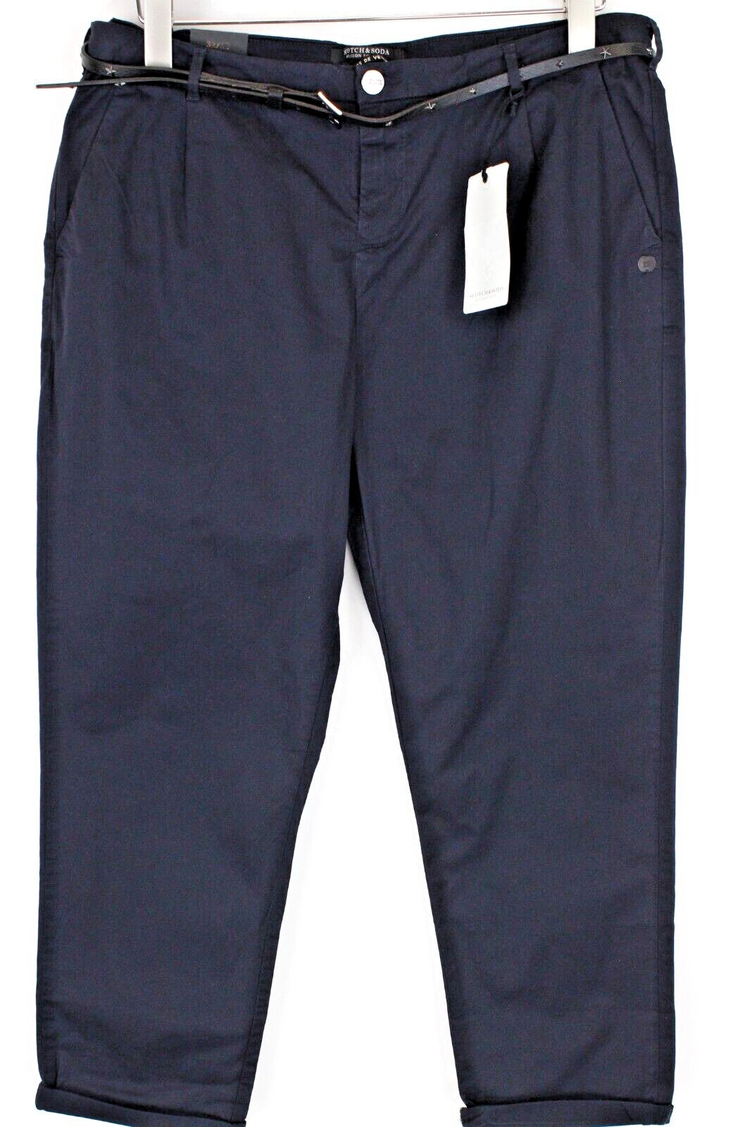 MAISON SCOTCH Women Cropped Trousers W31/L32 Navy Belted Stretch Chino Pants