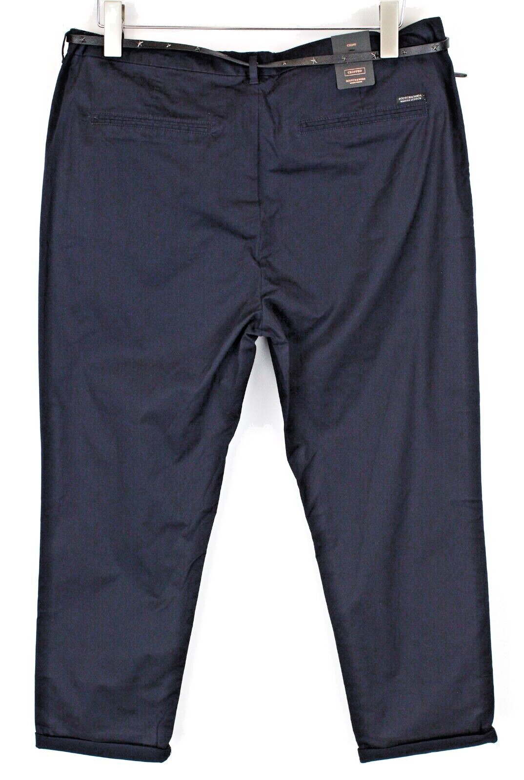 MAISON SCOTCH Women Cropped Trousers W31/L32 Navy Belted Stretch Chino Pants