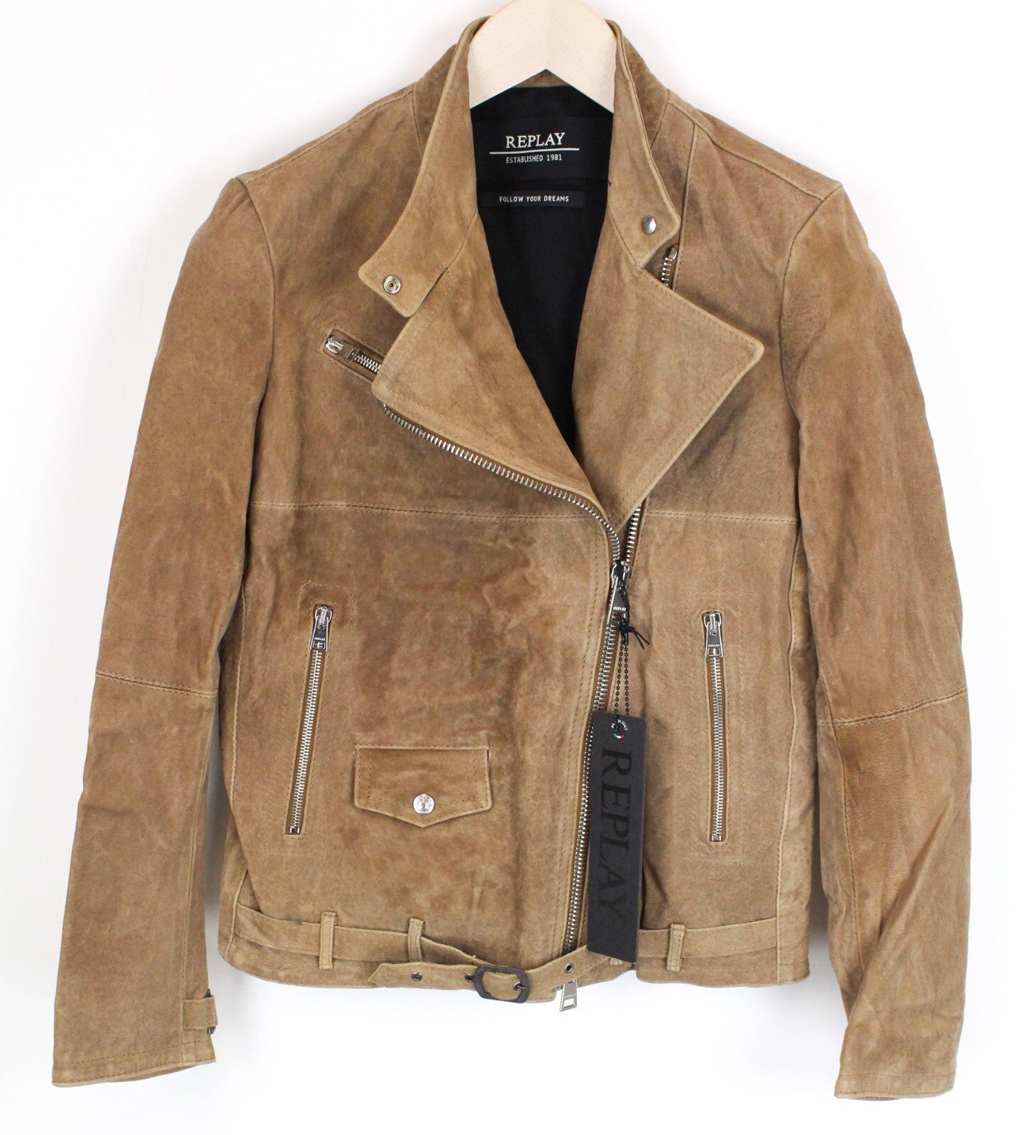 REPLAY moteriška ruda zomšinė avikailio striukė XS ilgomis rankovėmis su užtrauktuku ir pamušalu 