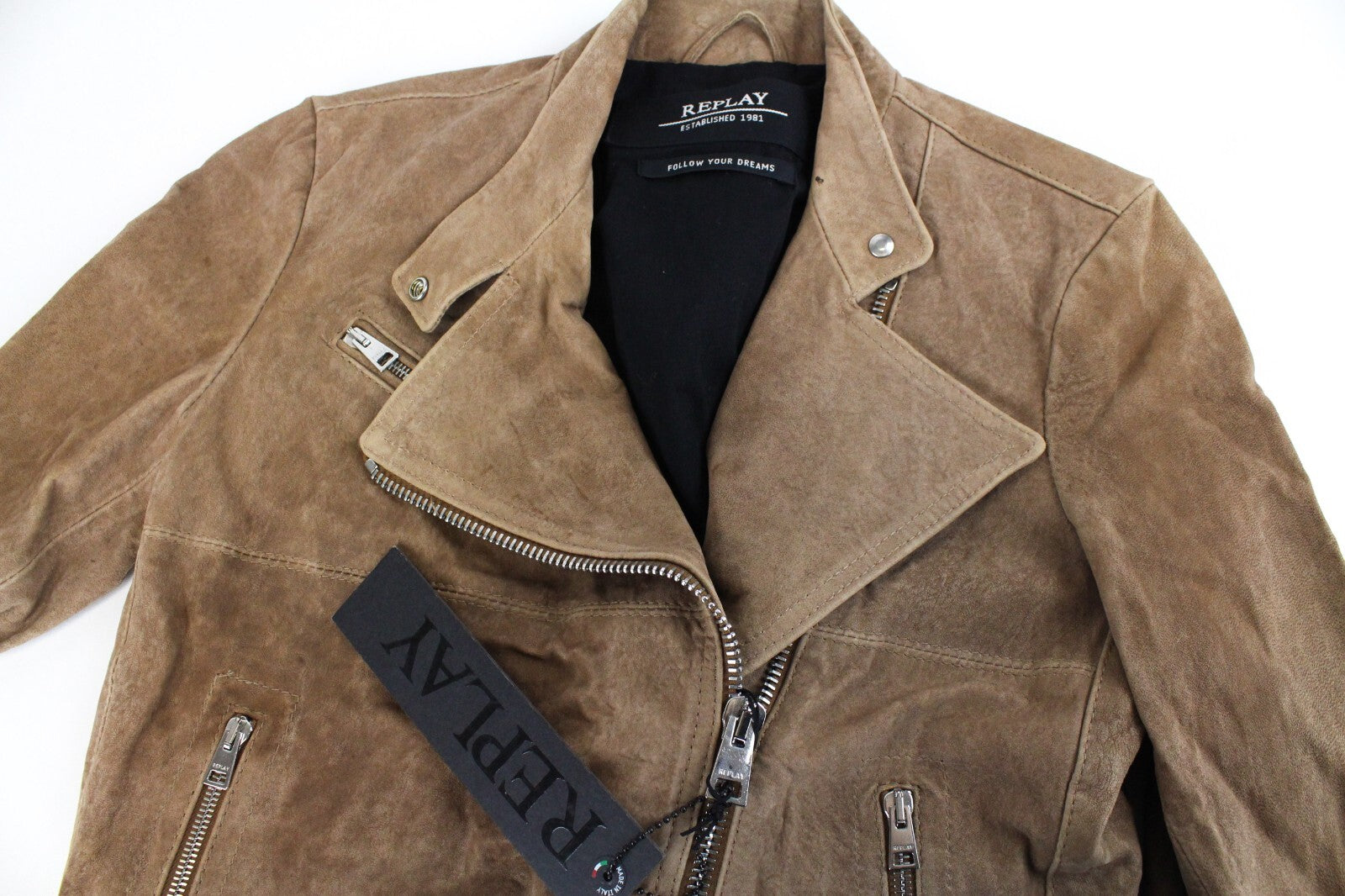 REPLAY moteriška ruda zomšinė avikailio striukė XS ilgomis rankovėmis su užtrauktuku ir pamušalu 