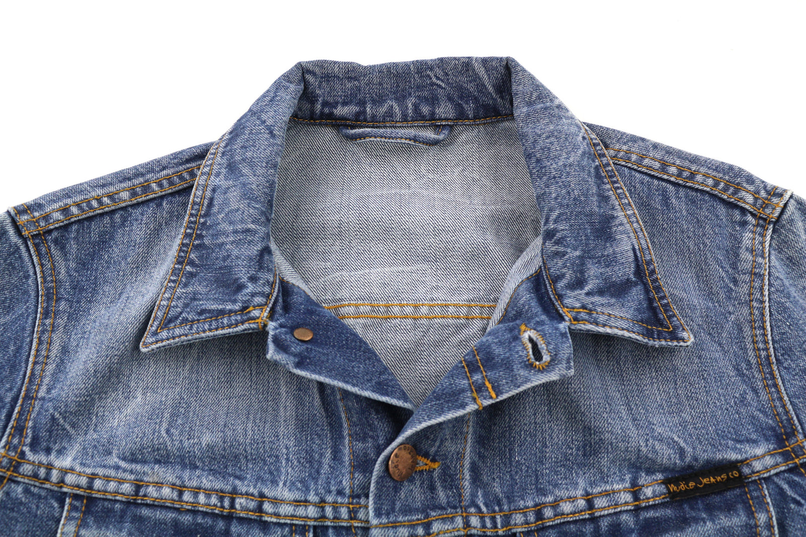 NUDIE JEANS Terry vyriška striukė M, skalbta, ekologiška, šviesiai vintažinė, su sagomis, išskleistas logotipas 