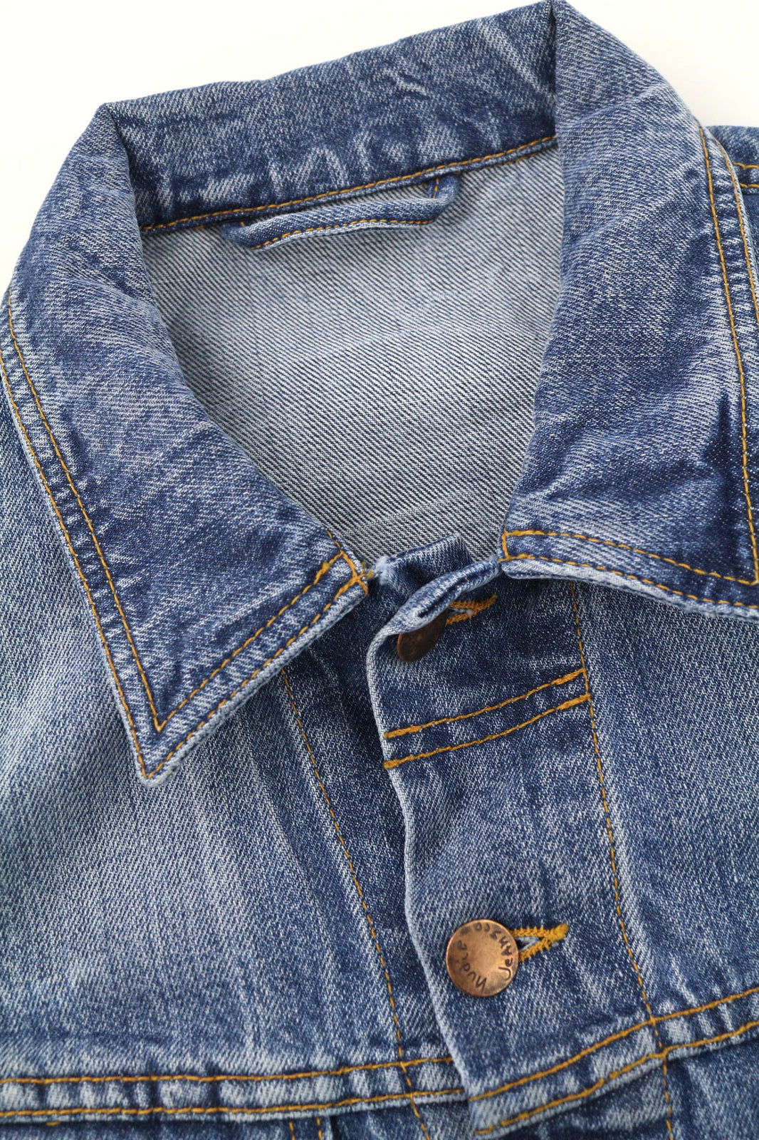 NUDIE JEANS Terry vyriška striukė M, skalbta, ekologiška, šviesiai vintažinė, su sagomis, išskleistas logotipas 