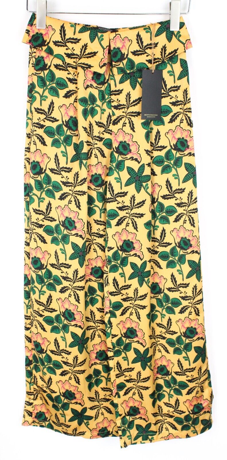 MAISON SCOTCH XS Women Trousers Yellow Floral Pleated Lightweight Cotton