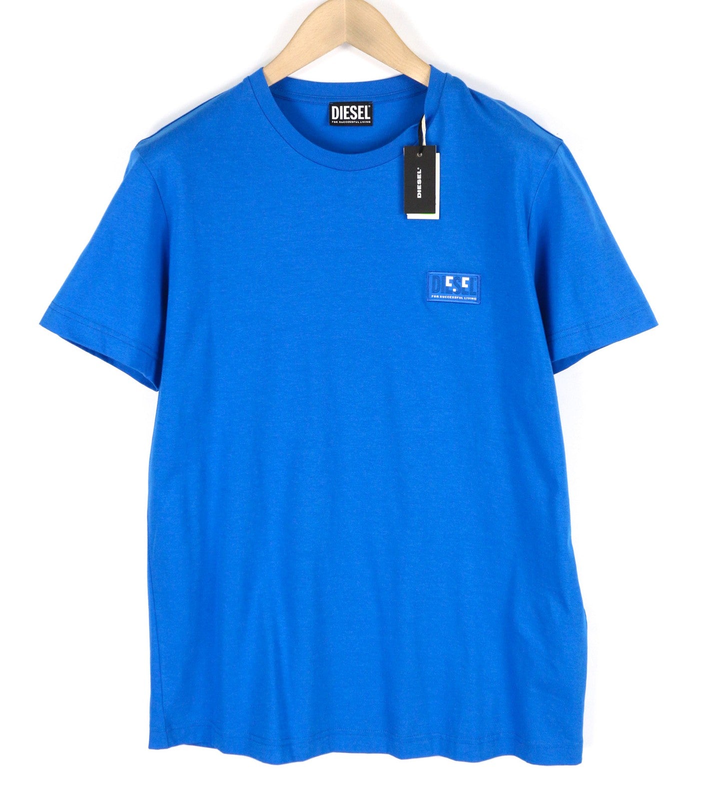 DIESEL T-Diegos-E2 vyriški marškinėliai su trumpomis rankovėmis, apvalia kaklo iškirpte, trikotažo logotipu, laisvalaikio mėlyna spalva, L dydžio 