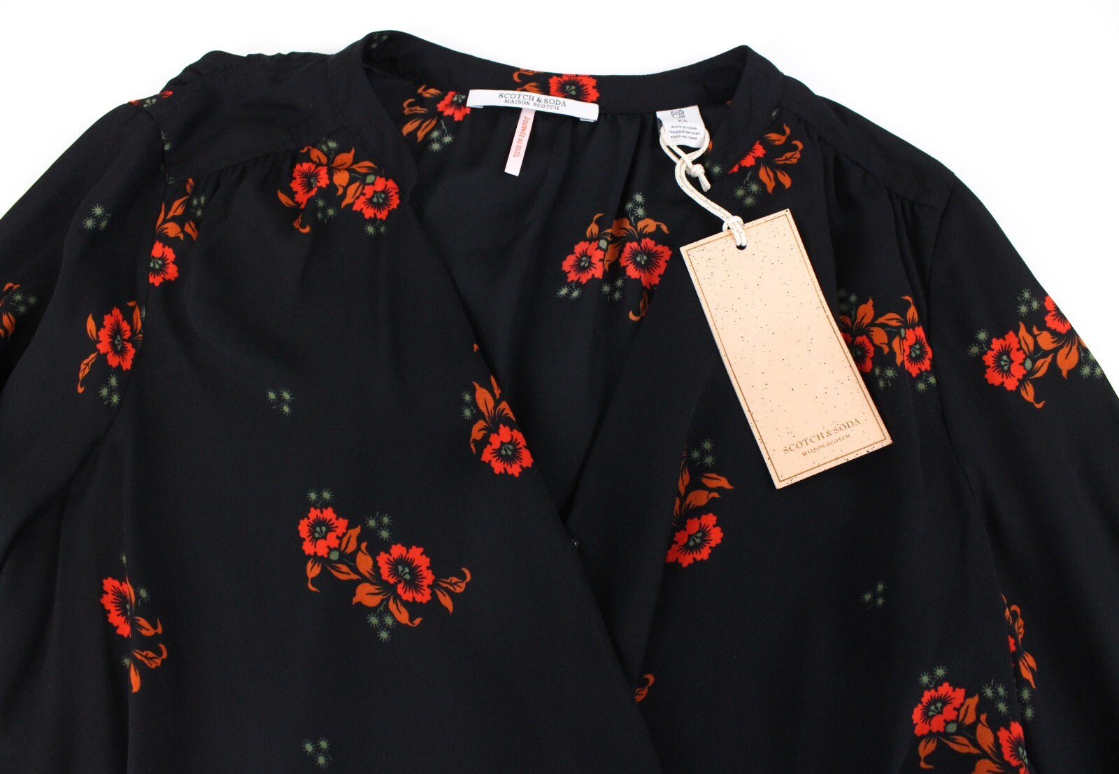 MAISON SCOTCH XS Women Floral Wrap Blouse Black Long Sleeved