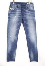 DIESEL D-Bazer 084DD vyriški džinsai W29/L34 skalbtos mėlynos spalvos siaurėjantis kirpimas medvilninis tamprus audinys 