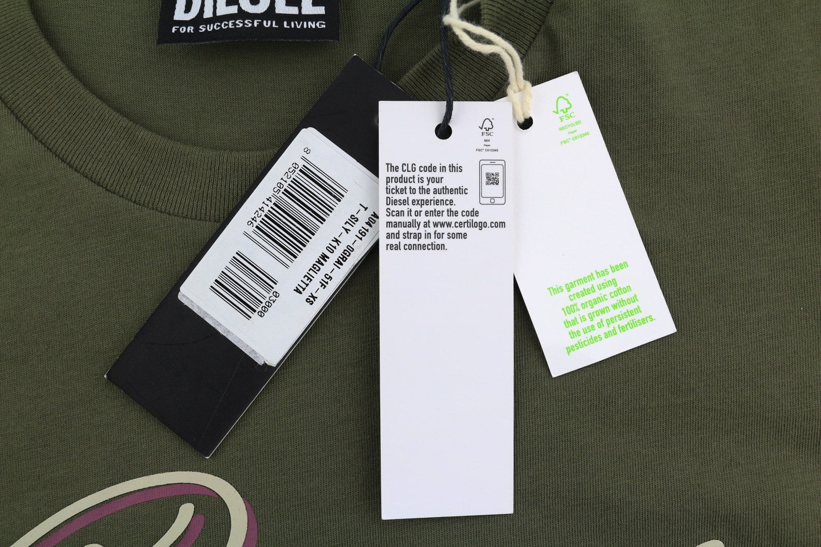 DIESEL T-Sily-K10 moteriški marškinėliai XS dydžio, trumpomis rankovėmis, apvalia kaklo iškirpte, chaki spalvos, laisvalaikio stiliaus. 