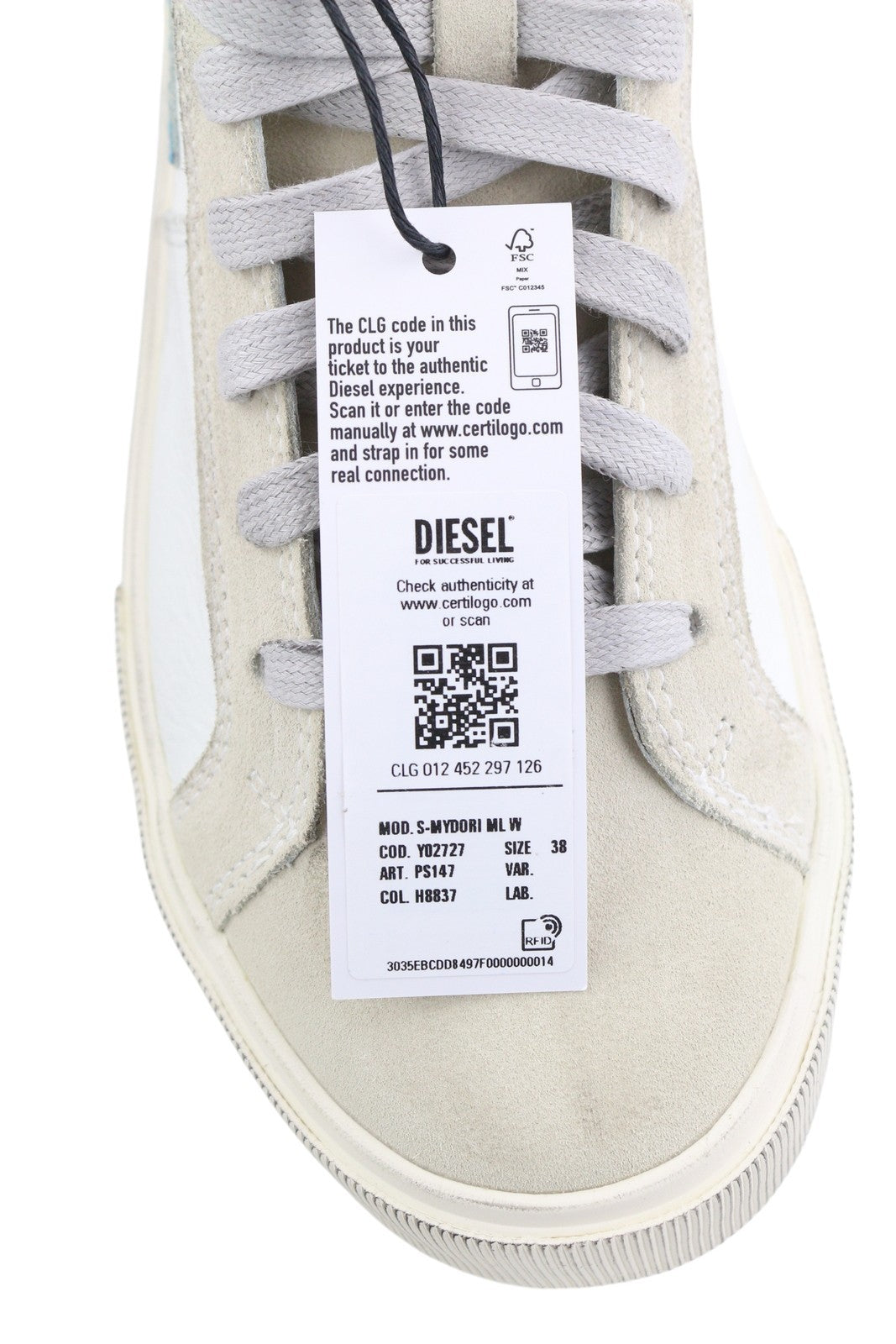 DIESEL S-Mydori ML W moteriški sportbačiai, balti, odiniai, vidutinio ūgio, su raišteliais, RRP 220 € 