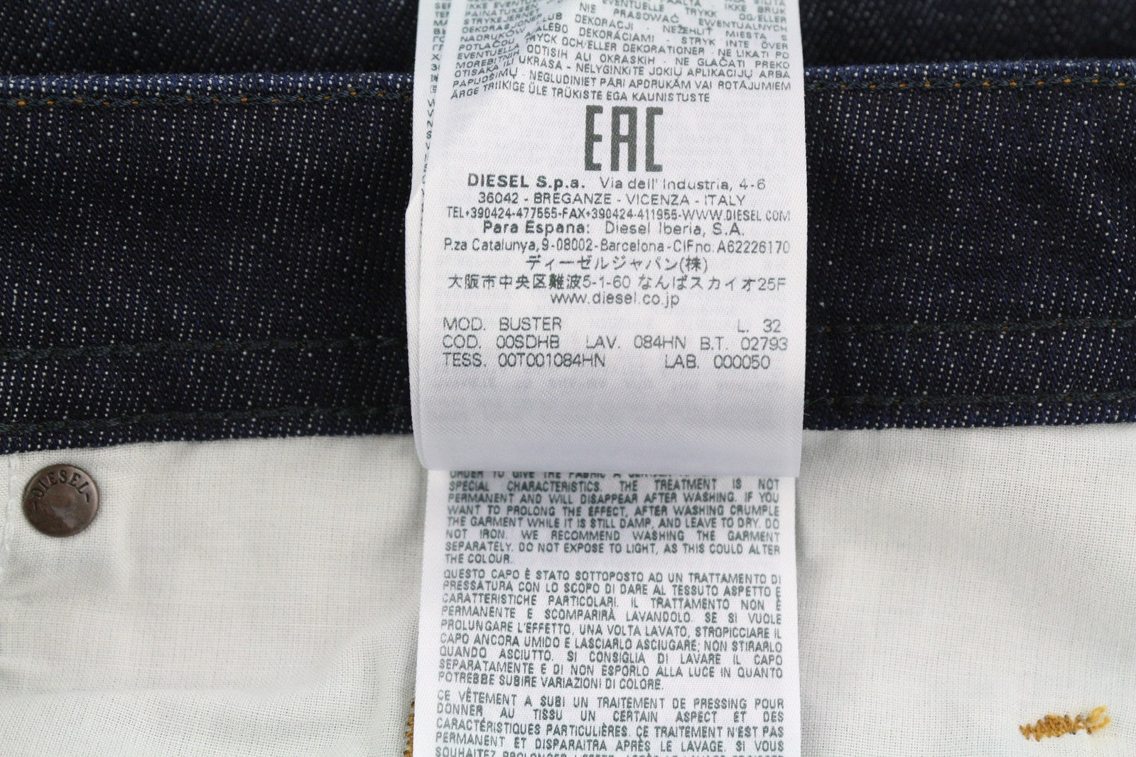 DIESEL Buster 084HN vyriški džinsai W36/L32 siaurėjantys, tamprūs, tamsiai mėlyni, su sagomis 