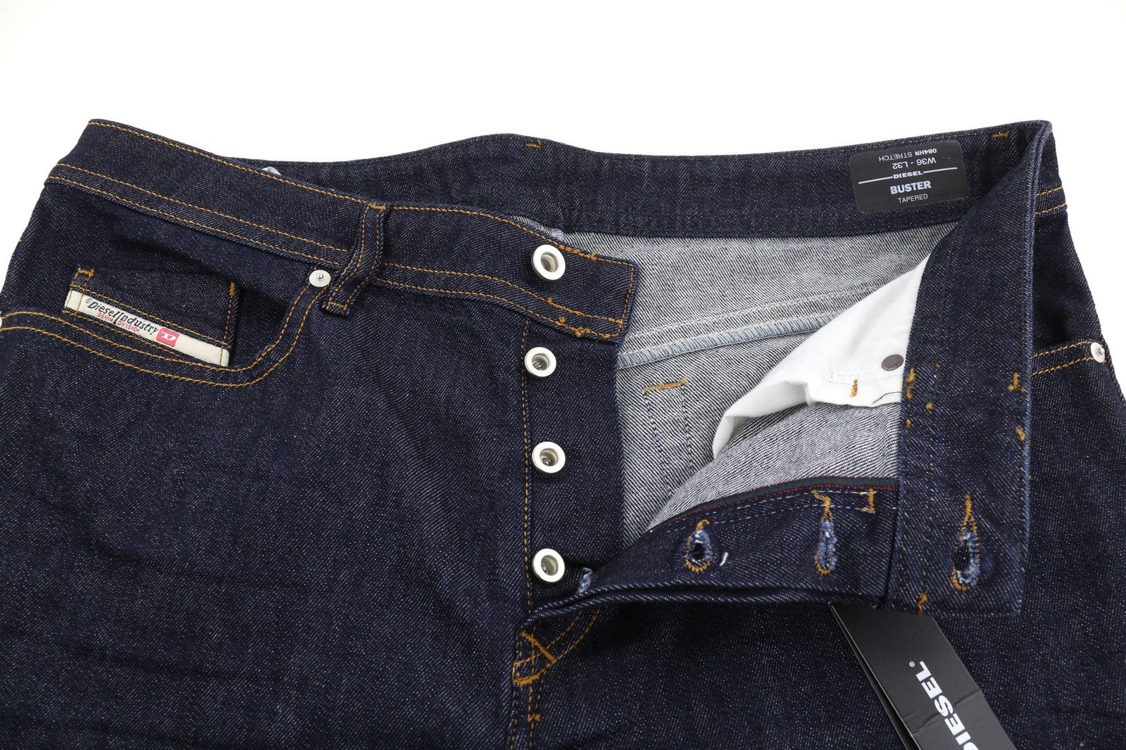 DIESEL Buster 084HN vyriški džinsai W36/L32 siaurėjantys, tamprūs, tamsiai mėlyni, su sagomis 