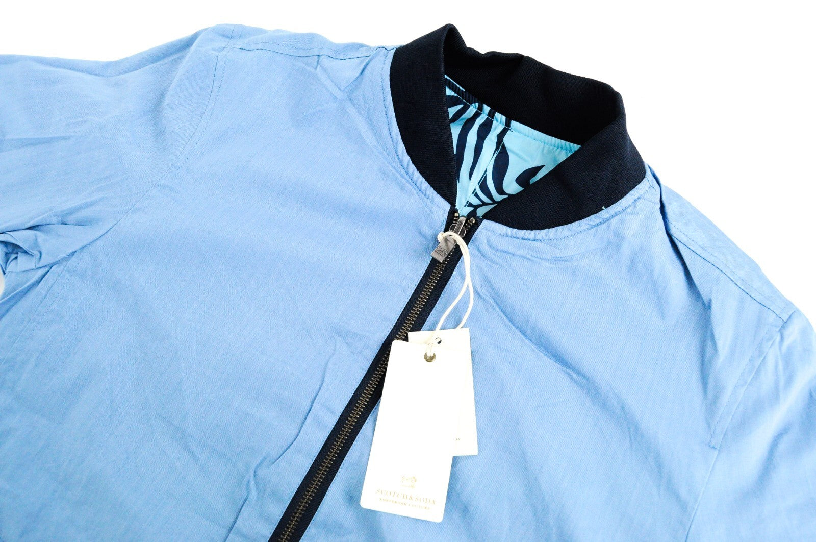 SCOTCH &amp; SODA dvipusė striukė L mėlyna medvilninė lininė raštuota vyriška striukė su užtrauktuku 