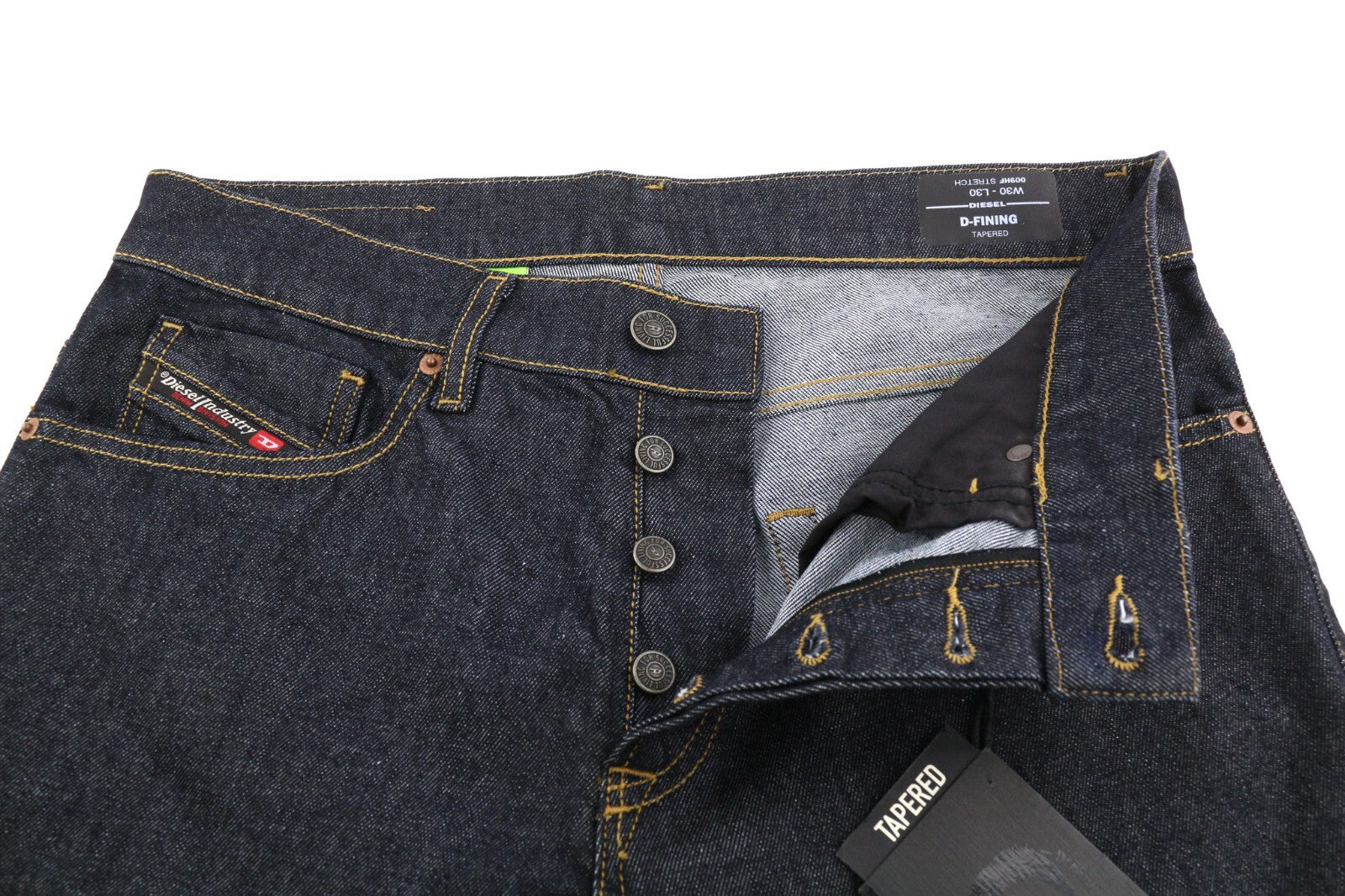 DIESEL D-Fining 009HF vyriški džinsai W30/L30 siaurėjantys, tamprūs, su sagomis, tamsūs 
