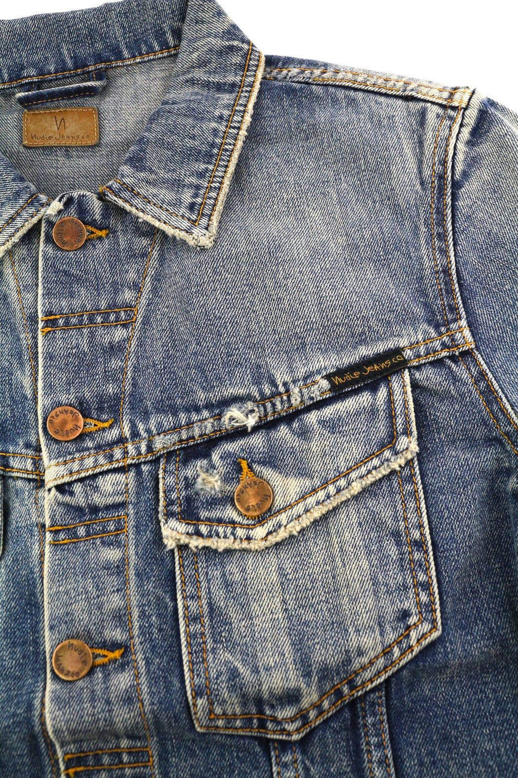 NUDIE Billy Mens Jacket S Shimmering Indigo Washed Ripped Button Up