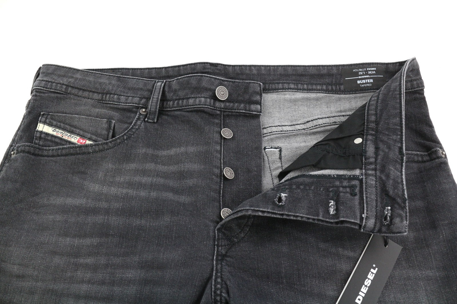 DIESEL Buster RM043 vyriški džinsai W36/L32 siaurėjantys, tamprūs, skalbti sagomis užsegami džinsai