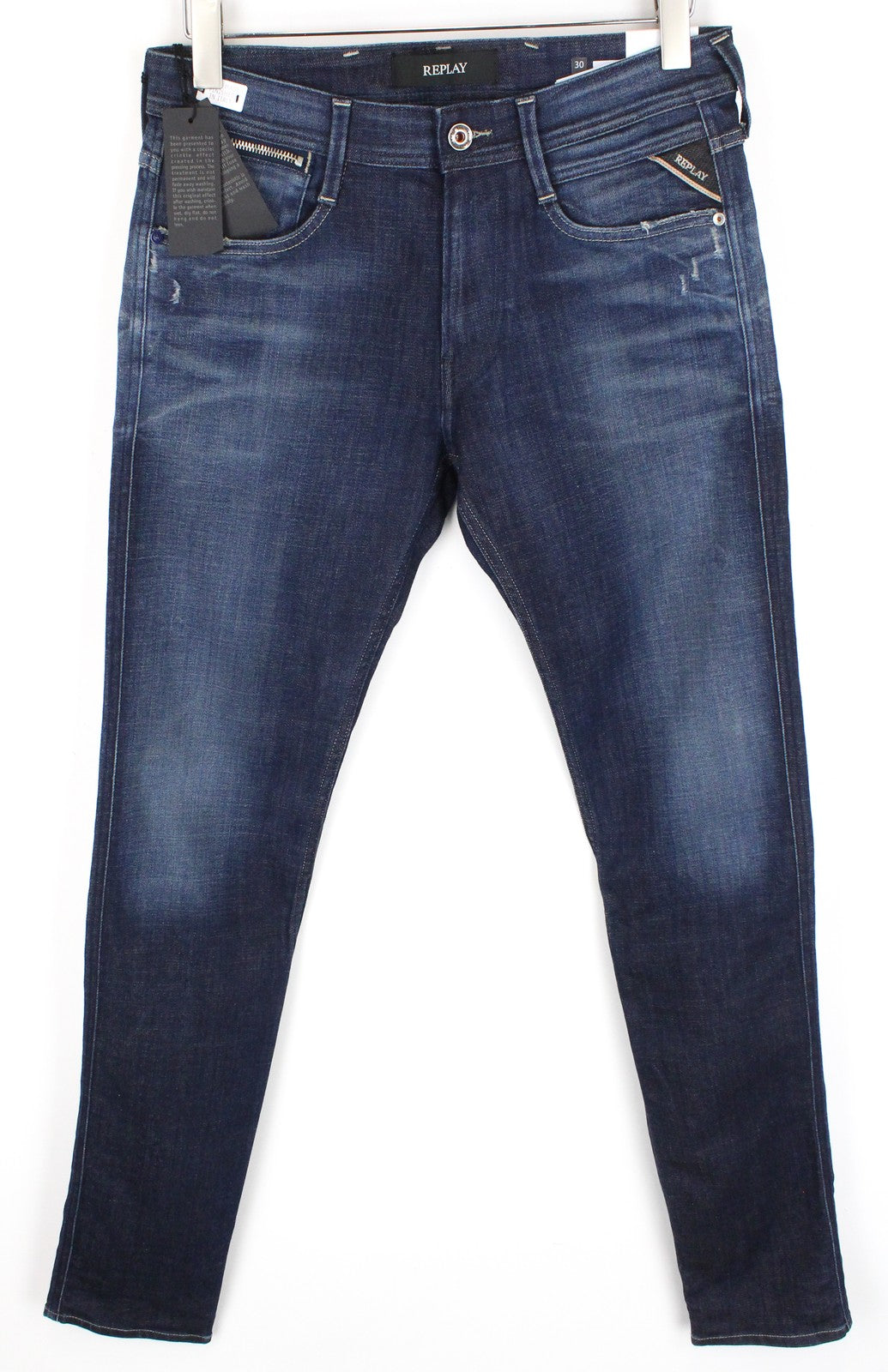REPLAY Anbass vyriški džinsai W30/L34 Slim Ft medvilniniai tamprūs tamsiai mėlyni skalbto džinso audiniai