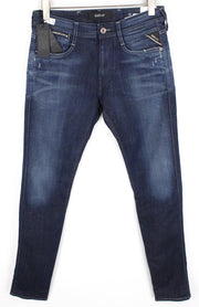 REPLAY Anbass vyriški džinsai W30/L34 Slim Ft medvilniniai tamprūs tamsiai mėlyni skalbto džinso audiniai