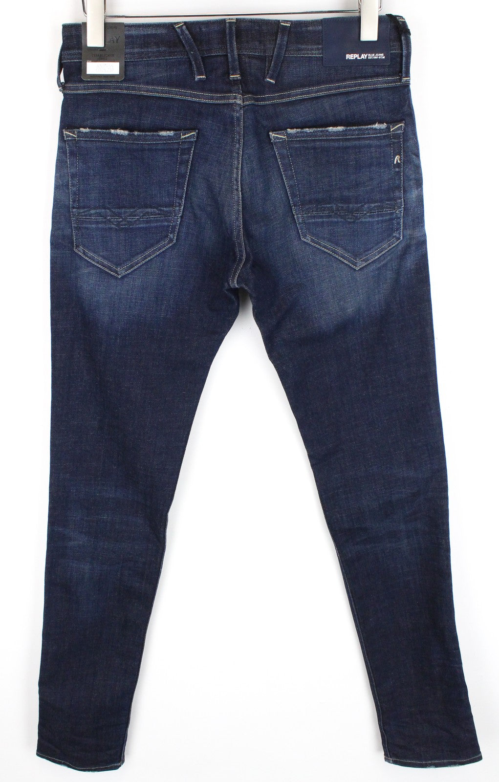 REPLAY Anbass vyriški džinsai W30/L34 Slim Ft medvilniniai tamprūs tamsiai mėlyni skalbto džinso audiniai