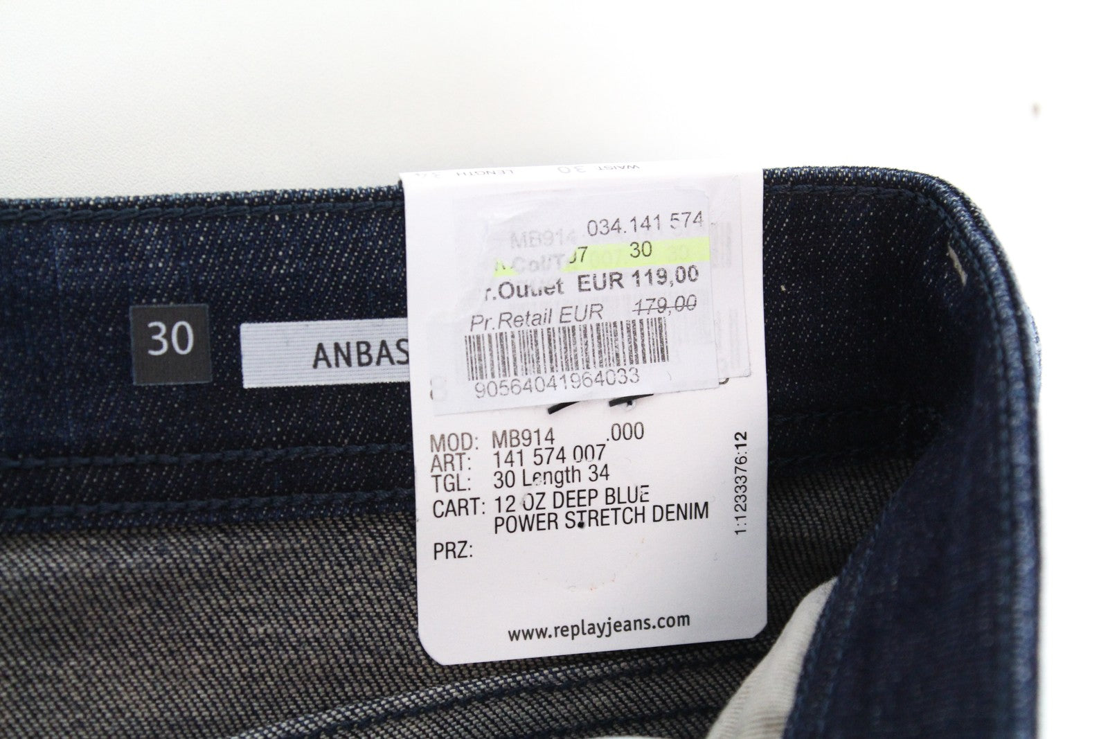 REPLAY Anbass vyriški džinsai W30/L34 Slim Ft medvilniniai tamprūs tamsiai mėlyni skalbto džinso audiniai