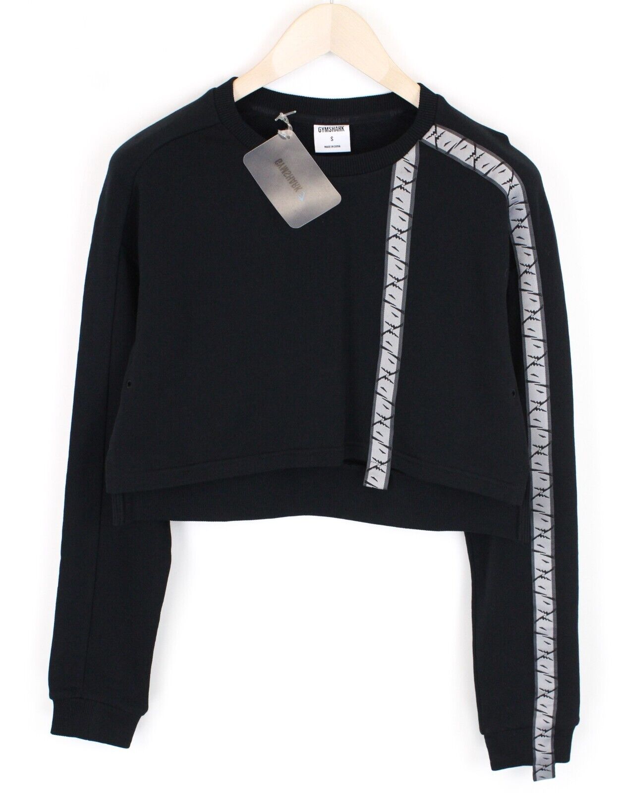 GYMSHARK moteriškas juodas džemperis S su trumpu logotipu ilgomis rankovėmis 