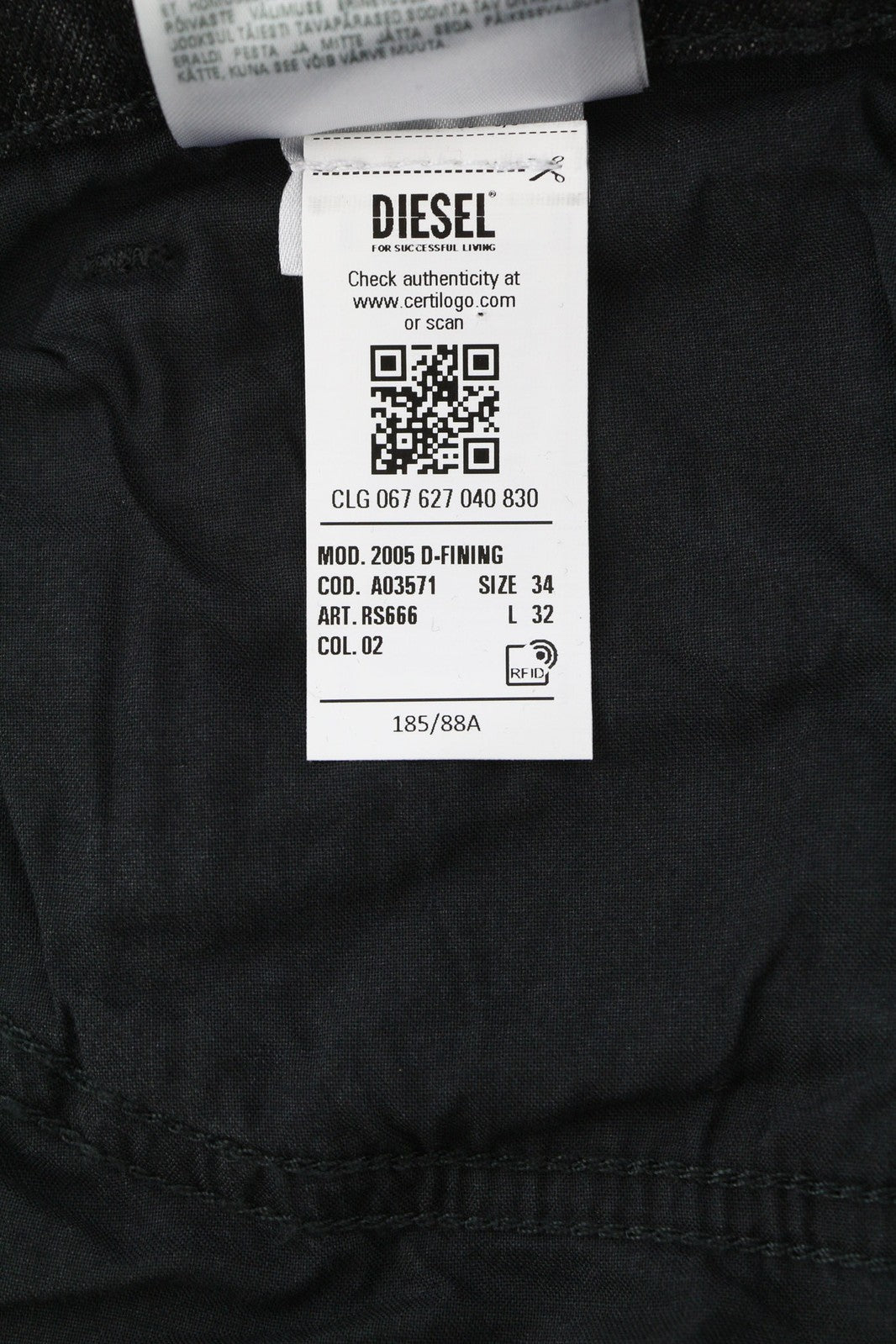 DIESEL 2005 D-Fining RS666 vyriški džinsai W34/L32 vidutinio juosmens, įprasto dydžio, siaurėjančiomis klešnėmis 