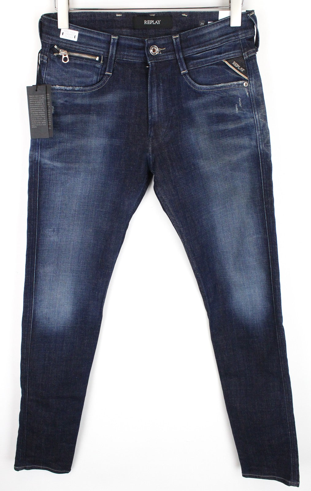 REPLAY Anbass vyriški džinsai W29/L32 Slim Fit medvilniniai džinsai su užtrauktuku, tamprūs, skalbtos mėlynos spalvos 