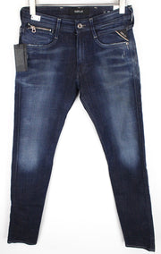 REPLAY Anbass vyriški džinsai W29/L32 Slim Fit medvilniniai džinsai su užtrauktuku, tamprūs, skalbtos mėlynos spalvos 