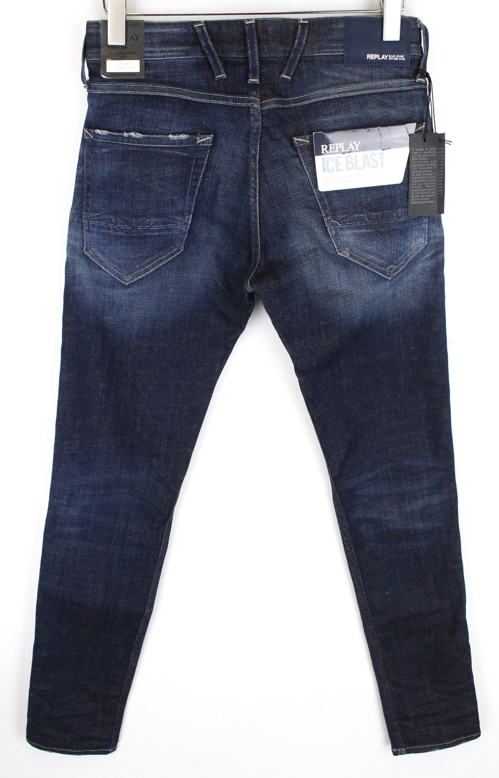 REPLAY Anbass vyriški džinsai W29/L32 Slim Fit medvilniniai džinsai su užtrauktuku, tamprūs, skalbtos mėlynos spalvos 