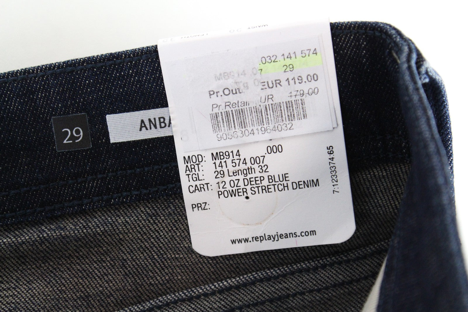 REPLAY Anbass vyriški džinsai W29/L32 Slim Fit medvilniniai džinsai su užtrauktuku, tamprūs, skalbtos mėlynos spalvos 