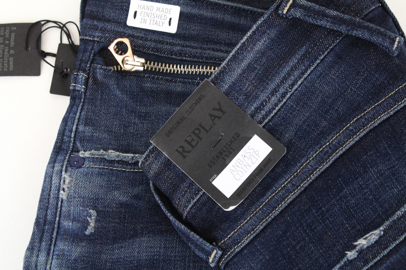 REPLAY Anbass vyriški džinsai W29/L32 Slim Fit medvilniniai džinsai su užtrauktuku, tamprūs, skalbtos mėlynos spalvos 