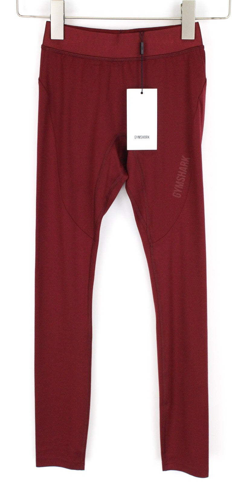 GYMSHARK moteriškos tamprės S dydžio raudonos aukštu juosmeniu su logotipu, tamprios sportinės aprangos detalės 