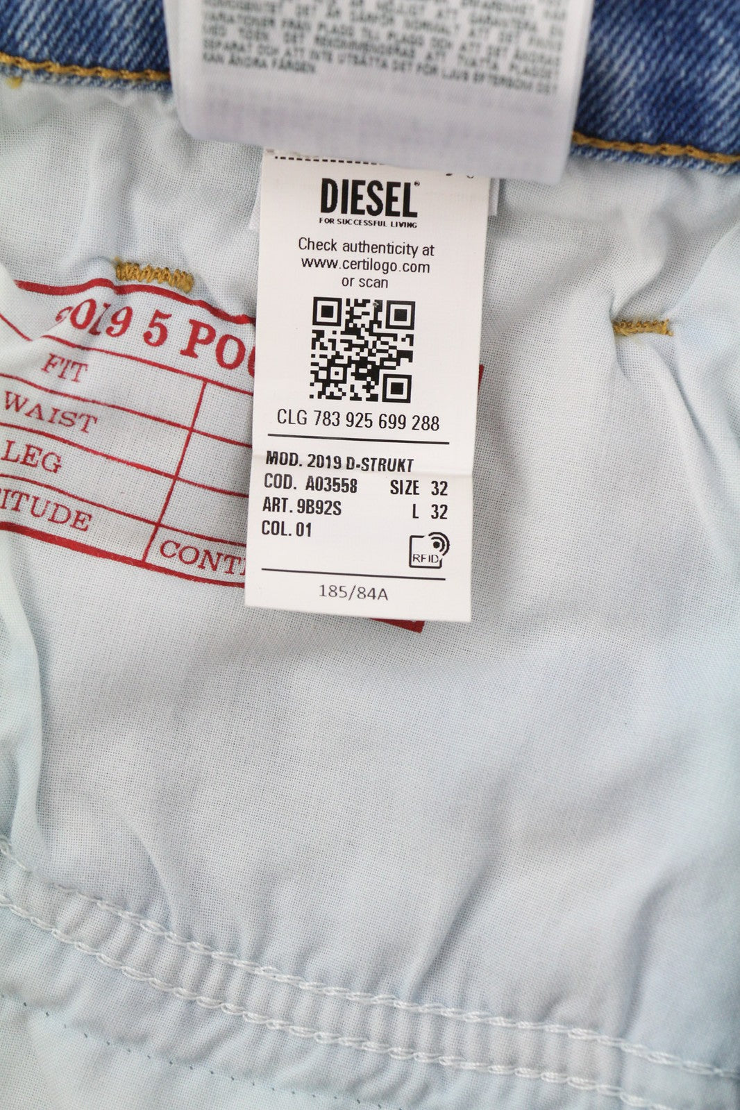 DIESEL 2019 D-Strukt 9B92S vyriški džinsai W32/L32 vidutinio juosmens, ploni, skalbto džinso 