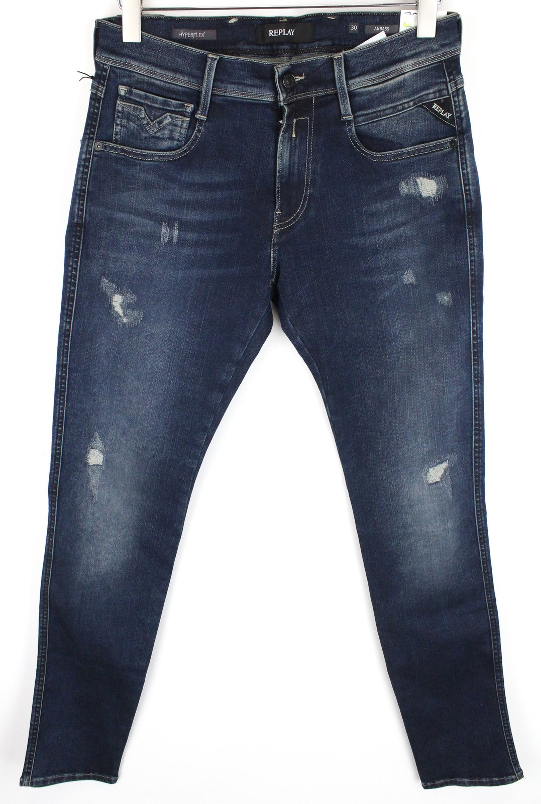 REPLAY Anbass vyriški džinsai W30/L34 ploni medvilniniai tamprūs džinsai, mėlyni, su dirbtiniu skalbimu 