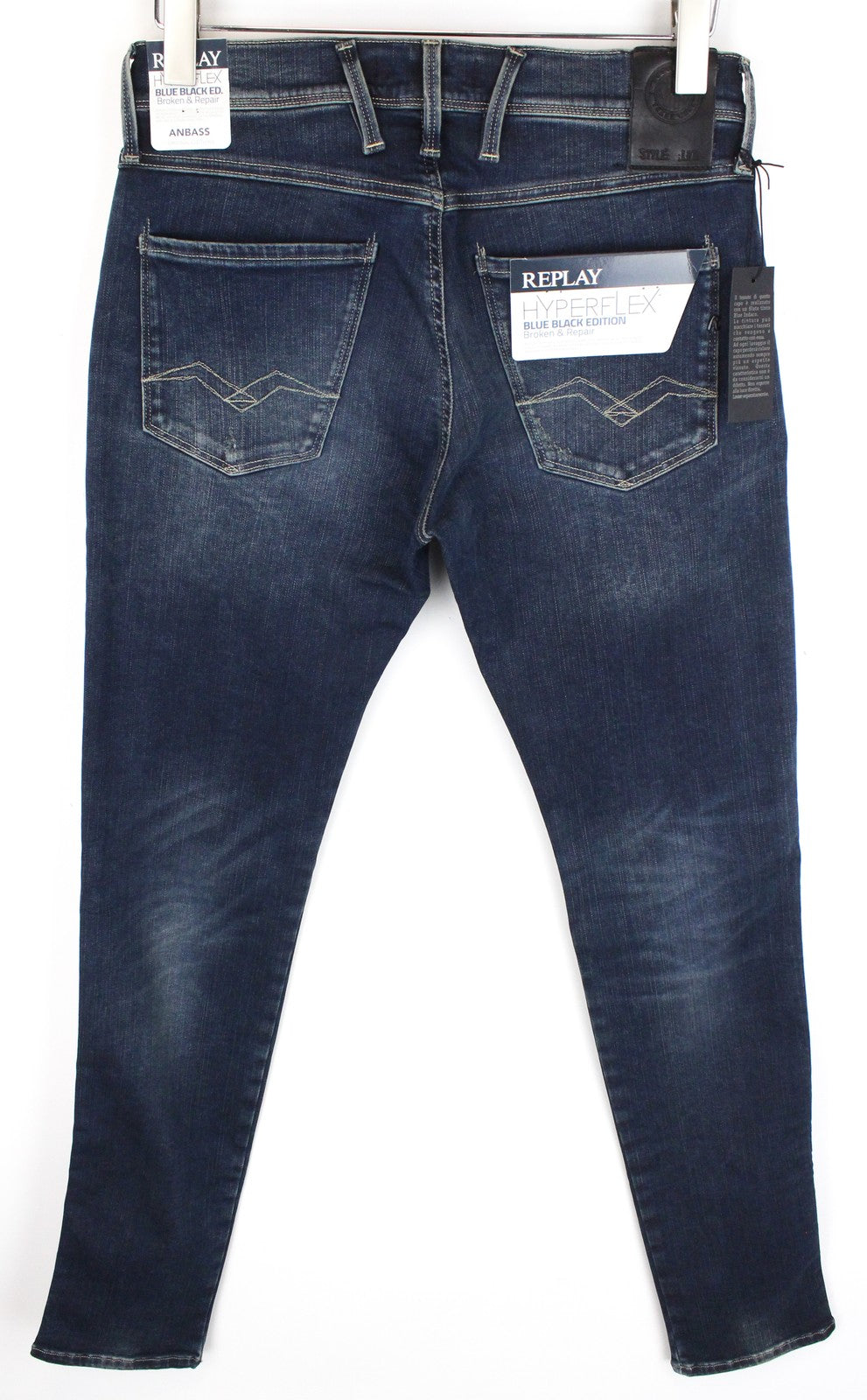 REPLAY Anbass vyriški džinsai W30/L34 ploni medvilniniai tamprūs džinsai, mėlyni, su dirbtiniu skalbimu 