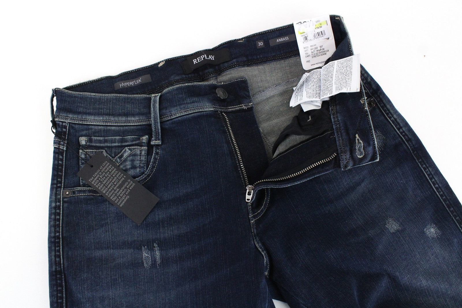 REPLAY Anbass vyriški džinsai W30/L34 ploni medvilniniai tamprūs džinsai, mėlyni, su dirbtiniu skalbimu 