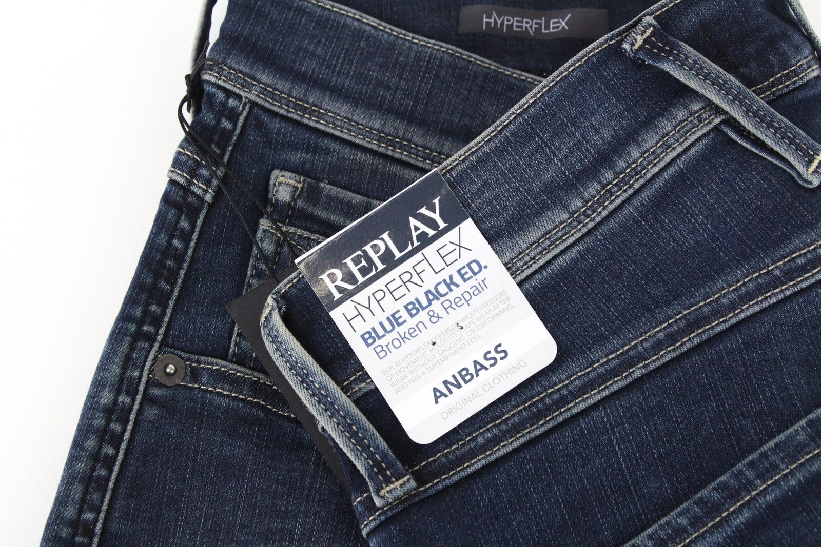 REPLAY Anbass vyriški džinsai W30/L34 ploni medvilniniai tamprūs džinsai, mėlyni, su dirbtiniu skalbimu 