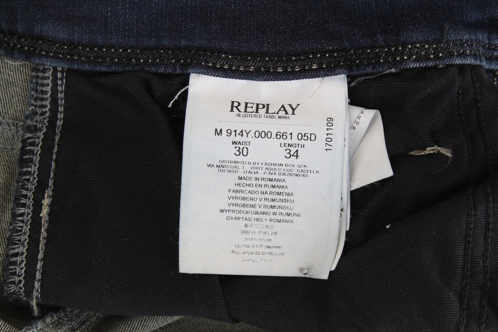 REPLAY Anbass vyriški džinsai W30/L34 ploni medvilniniai tamprūs džinsai, mėlyni, su dirbtiniu skalbimu 