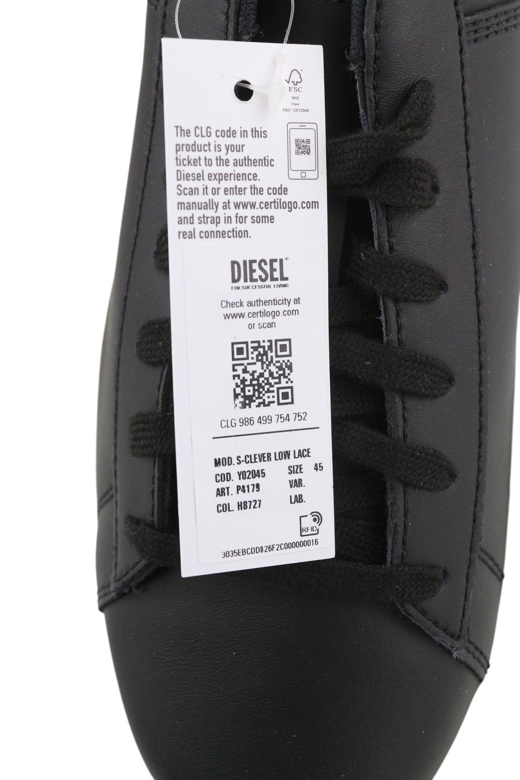 DIESEL S-Clever žemi nėrinių vyriški sportbačiai, juodos spalvos, karvės odos, migdolų nosis, RRP120