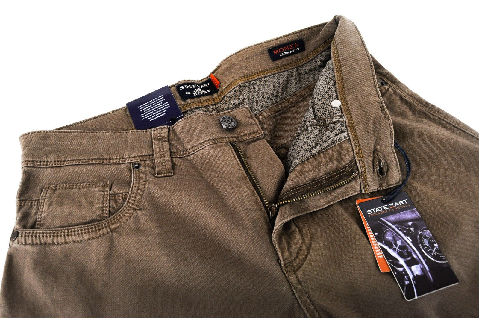 STATE OF ART Men Trousers W31/L34 Brown Regular Fit Stretch Cotton Zip Fly