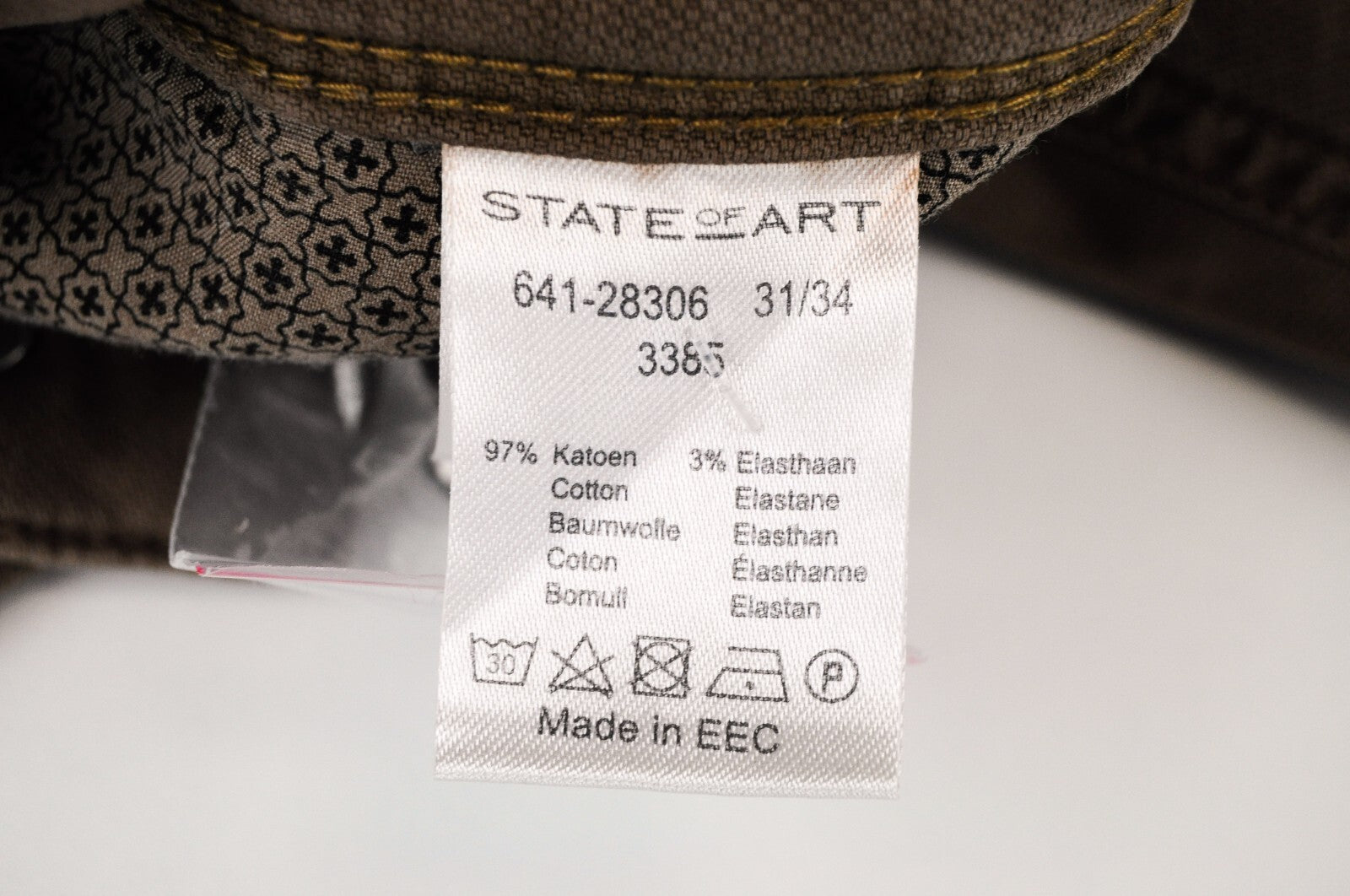 STATE OF ART Men Trousers W31/L34 Brown Regular Fit Stretch Cotton Zip Fly