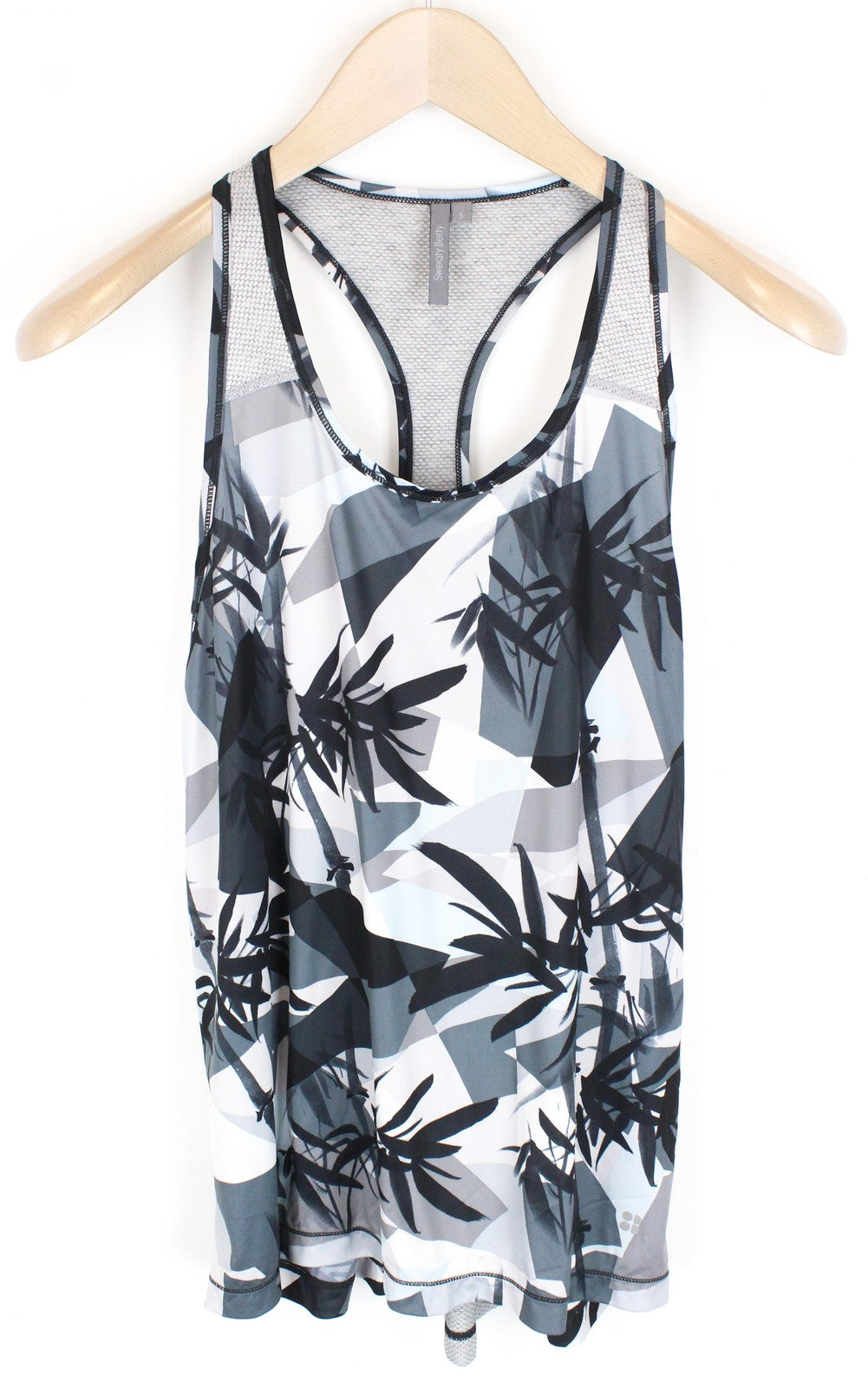 SWEATY BETTY moteriški sportiniai marškinėliai S dydžio pilki raštuoti be rankovių sportiniai drabužiai 