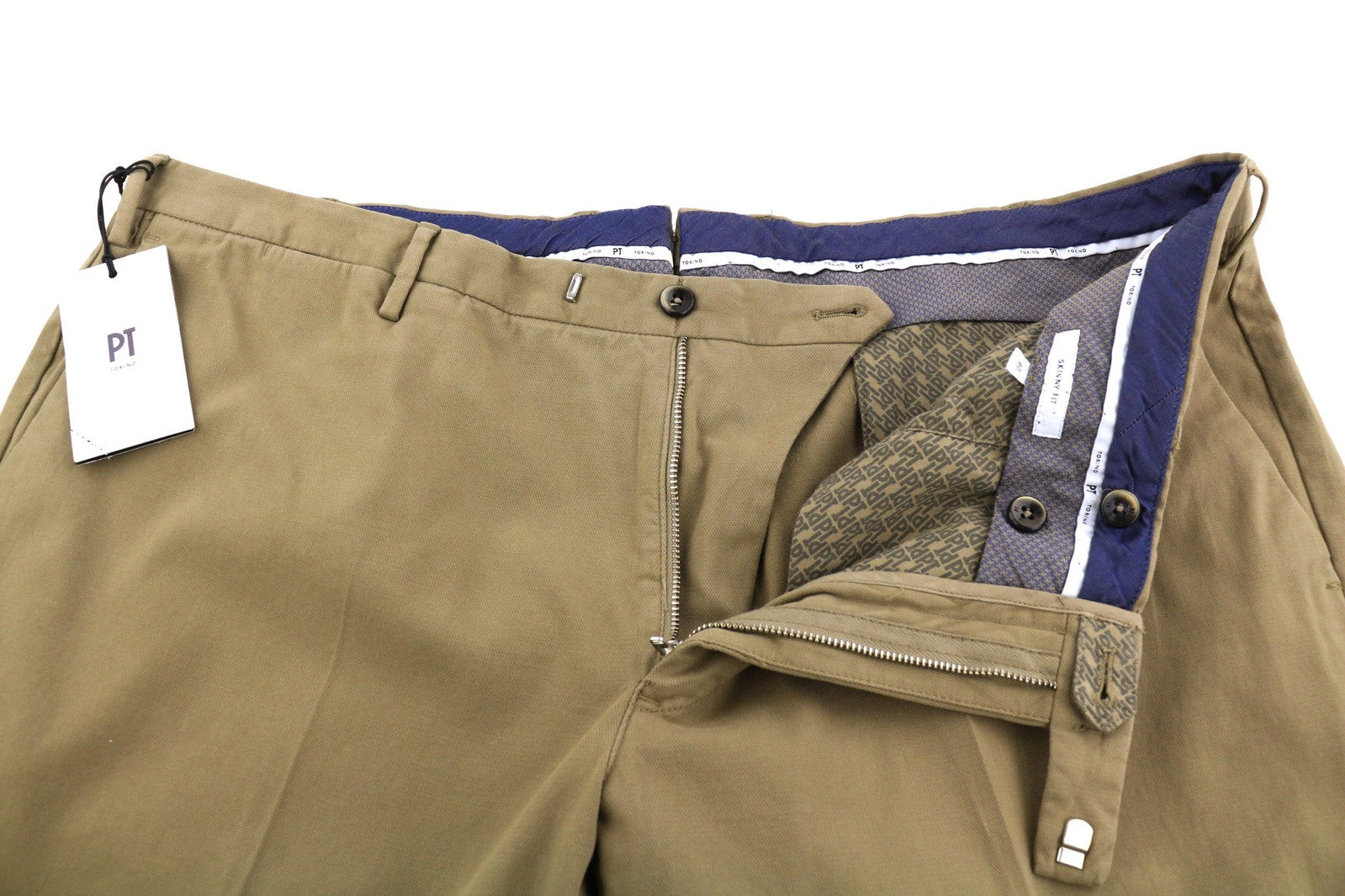 PT TORINO aptemptos vyriškos kelnės, 60 cm, rudos, chino stiliaus, su užtrauktukais ir laisvalaikio stiliaus. 