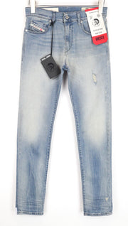 DIESEL D-Bazer 081AP vyriški džinsai W28/L32 su apnašomis, siaurėjančios, mėlynos spalvos, tamprios medvilnės medžiagos 