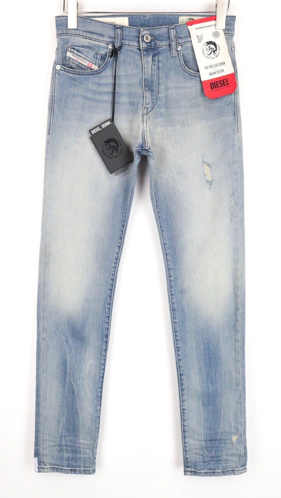 DIESEL D-Bazer 081AP vyriški džinsai W28/L32 su apnašomis, siaurėjančios, mėlynos spalvos, tamprios medvilnės medžiagos 