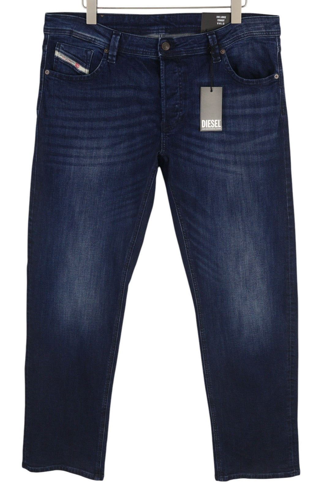 DIESEL 1985 Larkee RB067 vyriški džinsai, W40/L32, tiesaus kirpimo, su sagomis, skalbtos mėlynos spalvos. 