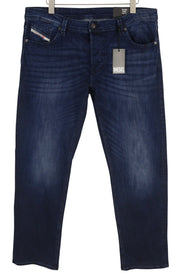 DIESEL 1985 Larkee RB067 vyriški džinsai, W40/L32, tiesaus kirpimo, su sagomis, skalbtos mėlynos spalvos. 