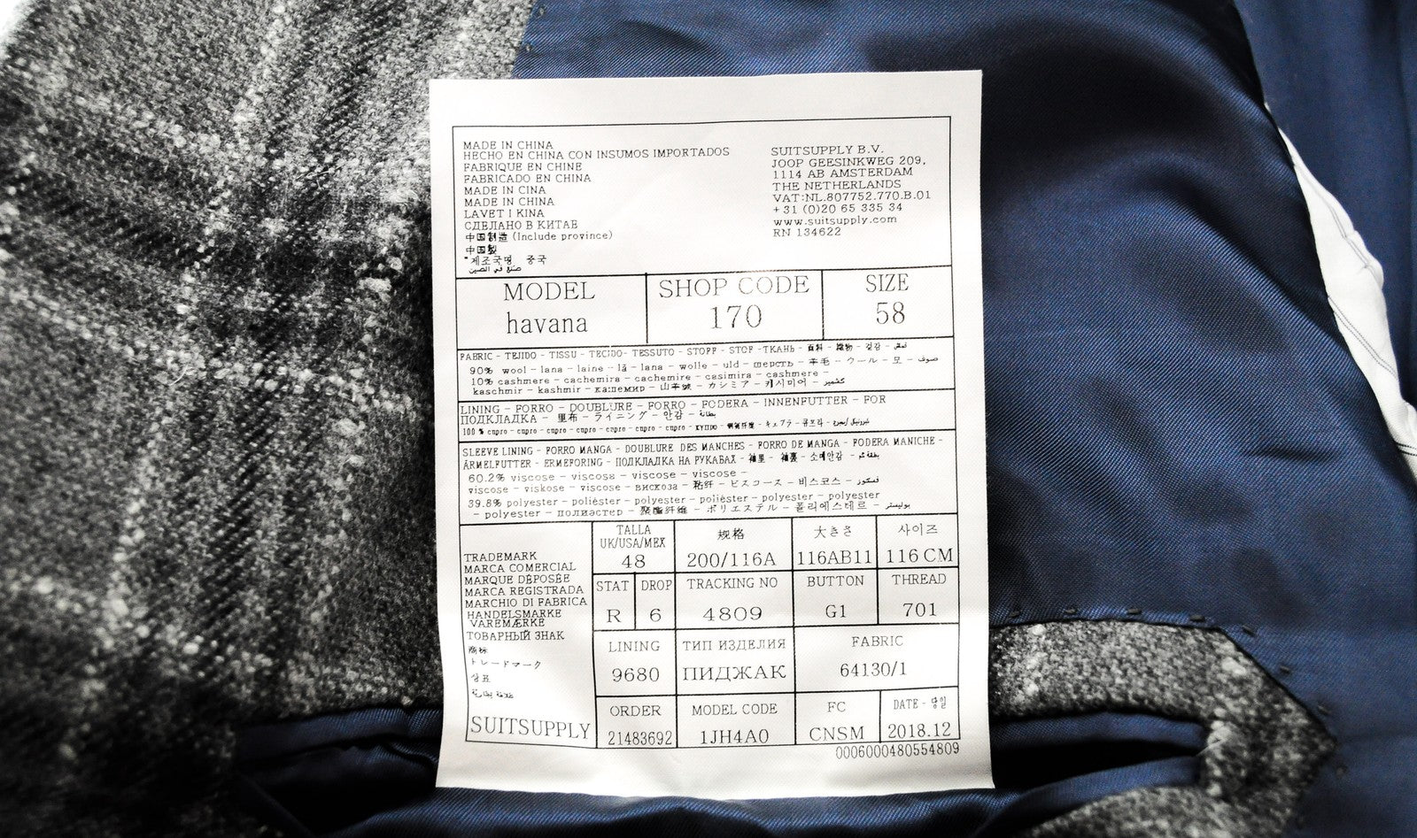 SUITSUPPLY vyriškas Havanos švarkas UK48R pilkas vilnos ir kašmyro languotas elegantiškas švarkas 